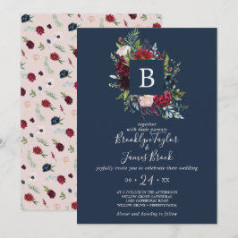 Autumn Garden | Navy Blue Monogram Weddenschap Kaart