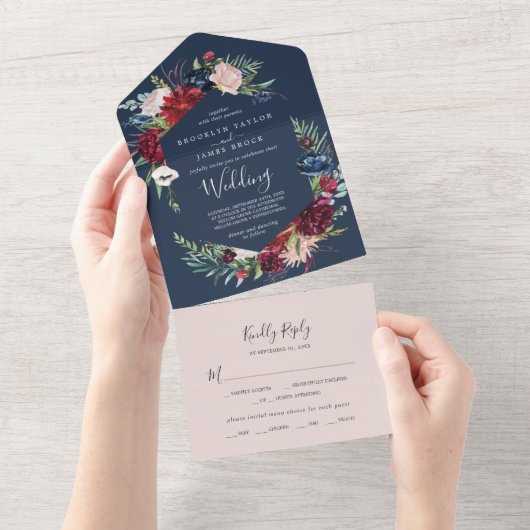 Autumn Garden | Navy Blue Wedding All In One Uitnodiging (Afscheurbaar)