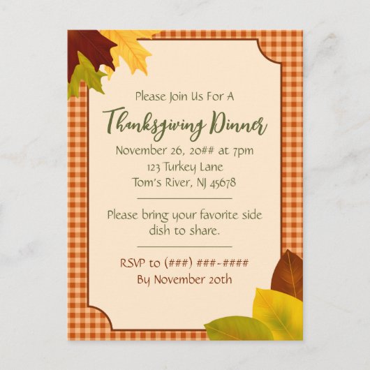 Autumn Gingham Thanksgiving Dinner Invitation Briefkaart (Voorkant)