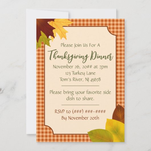 Autumn Gingham Thanksgiving Dinner Invitation Kaart (Voorkant)