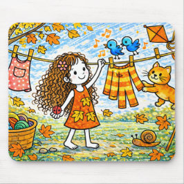 Autumn Girl Cat Clothesline Mouse Pad Muismat