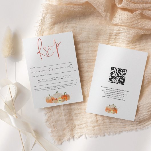 Autumn Glittery Pumpkins Florals Script QR Code RSVP Kaartje