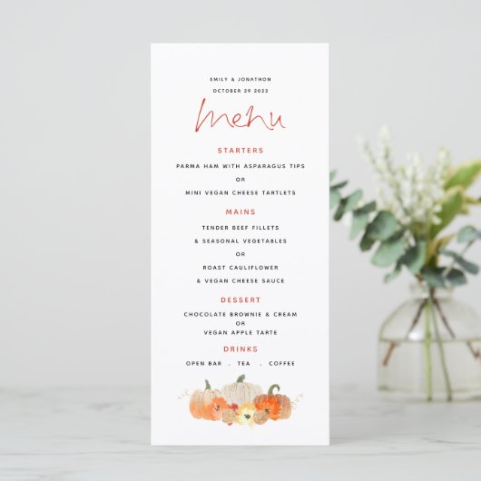 Autumn Glittery Pumpkins Florals Wedding Menu (Staand voorkant)