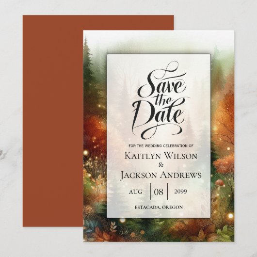 Autumn Glow in the Enchanted Forest Wedding Save The Date (Voorkant / Achterkant)