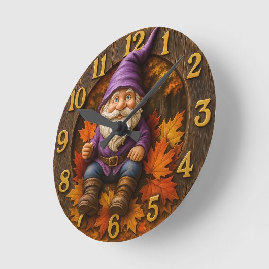 Autumn gnome with maple leaves rustic ronde klok (Hoek)