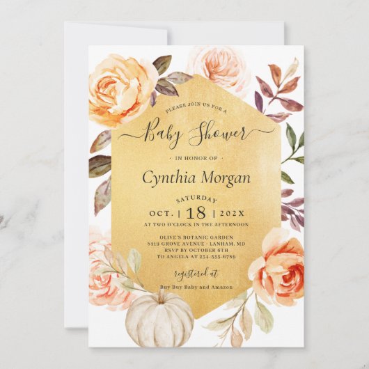 Autumn Gold Floral Little Pumpkin Baby shower Kaart (Voorkant)
