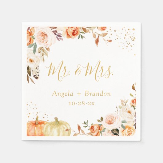 Autumn Gold Floral Mr. en Mrs Wedding Napkins Servet (Voorkant)
