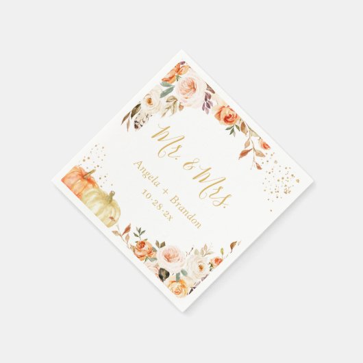 Autumn Gold Floral Mr. en Mrs Wedding Napkins Servet (Hoek)