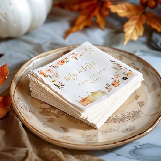 Autumn Gold Floral Mr. en Mrs Wedding Napkins Servet