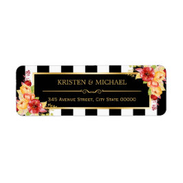 Autumn Gold Flowers Elegant Black White Stripes Etiket