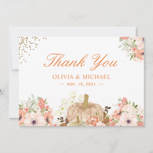 Autumn Gold Glitters Pumpkin Floral Bedankkaart (Voorkant)