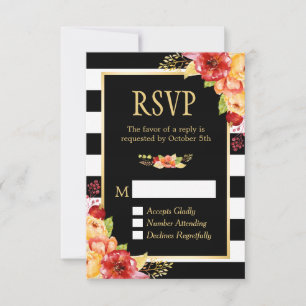 Autumn Gold Orang Red Floral B&W Stripes RSVP Kaartje