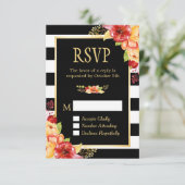 Autumn Gold Orang Red Floral B&W Stripes RSVP Kaartje (Staand voorkant)