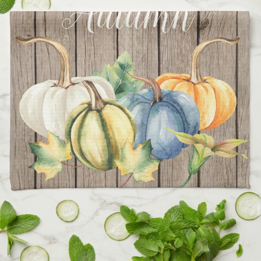 Autumn Green Sinaasappel Pumpkin Waterverf Lt Wood Theedoek (Gevouwen)