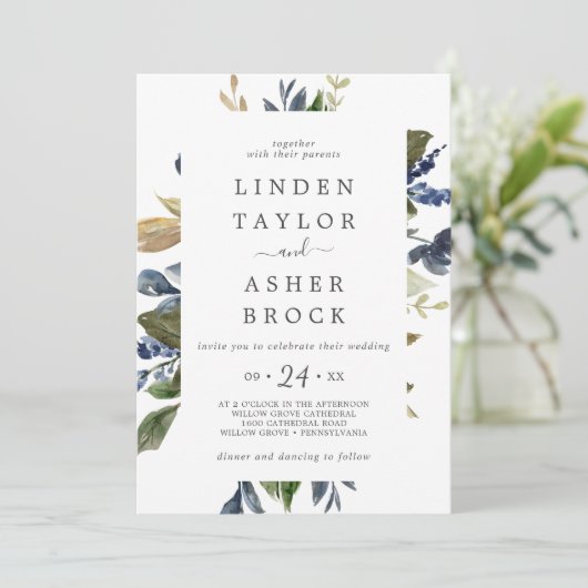 Autumn Greenery Bold Names Wedding Kaart (Staand voorkant)