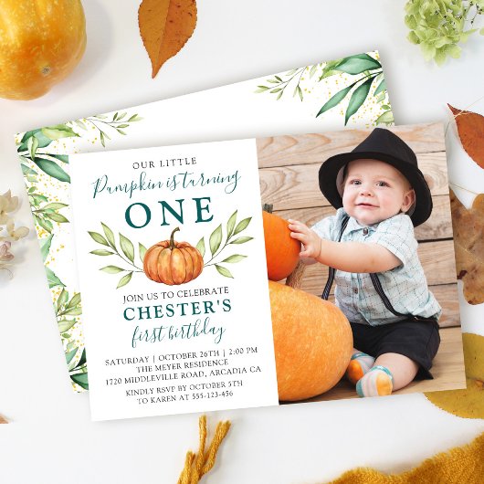 Autumn Greenery Little Pumpkin 1st Birthday Foto Kaart