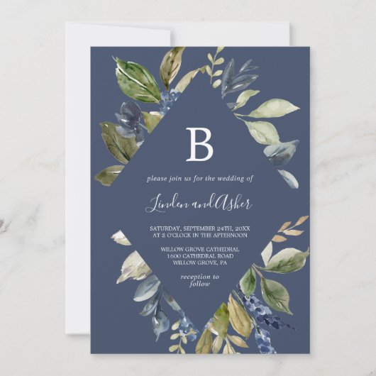 Autumn Greenery | Navy Diamond Monogram Weddenscha Kaart (Voorkant)