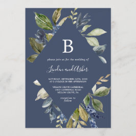 Autumn Greenery | Navy Diamond Monogram Weddenscha Kaart