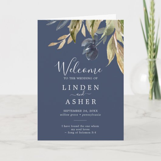 Autumn Greenery | Navy Folded Wedding Programma (Voorkant)