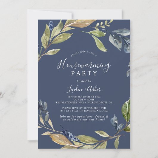 Autumn Greenery | Navy Housewarming Party Kaart (Voorkant)