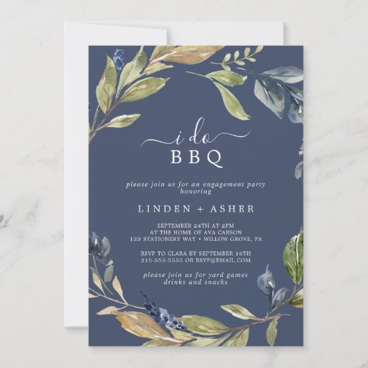 Autumn Greenery | Navy I Do BBQ Engagement Party Kaart (Voorkant)