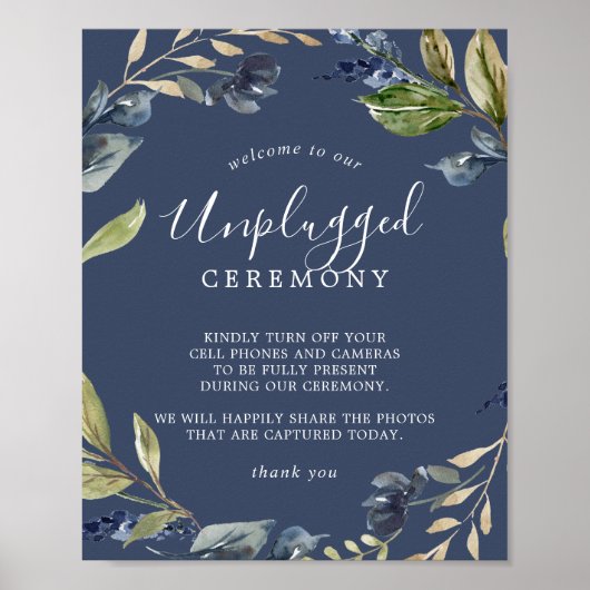 Autumn Greenery | Navy Unplugged Ceremony Sign Poster (Voorkant)