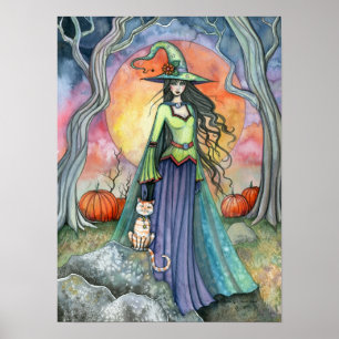 Autumn Halloween Witch Cat Art Poster Print