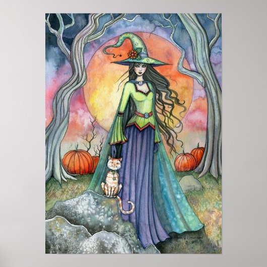 Autumn Halloween Witch Cat Art Poster Print (Voorkant)