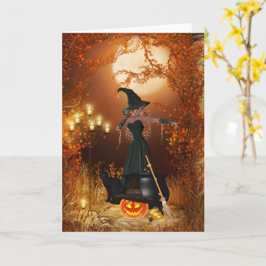 Autumn Halloween Witch Kaart (Gele Bloem)