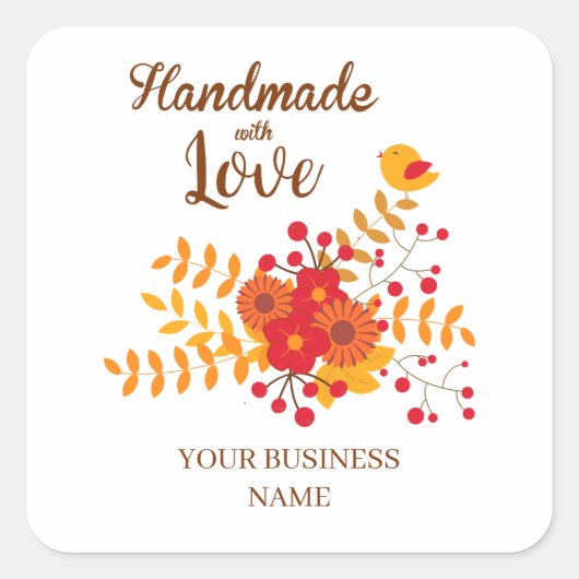 Autumn Handmade With Love With Branches & Bird Vierkante Sticker (Voorkant)