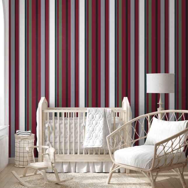 Autumn Harmony Stripes – Bourgogne, groen en grijs Behang (Kinderen)