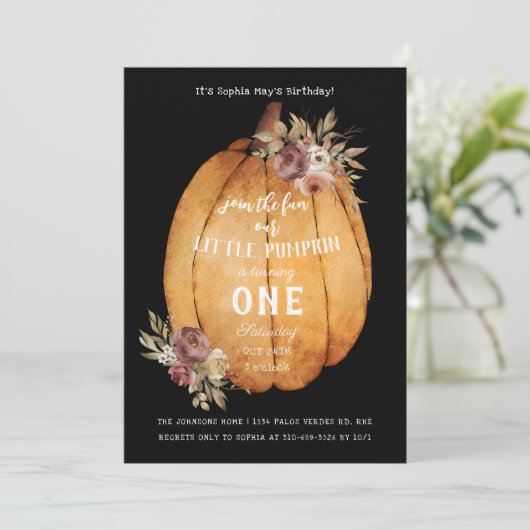 Autumn Harvest Pumpkin First Birthday Party Kaart (Staand voorkant)