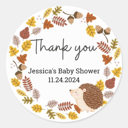 Autumn Hedgehog Baby shower Bedankt Ronde Sticker (Voorkant)