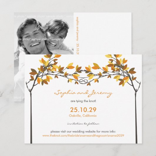 Autumn Herfst Knotted Love Trees Sla de datumfoto  Aankondigingskaart (Voorkant / Achterkant)