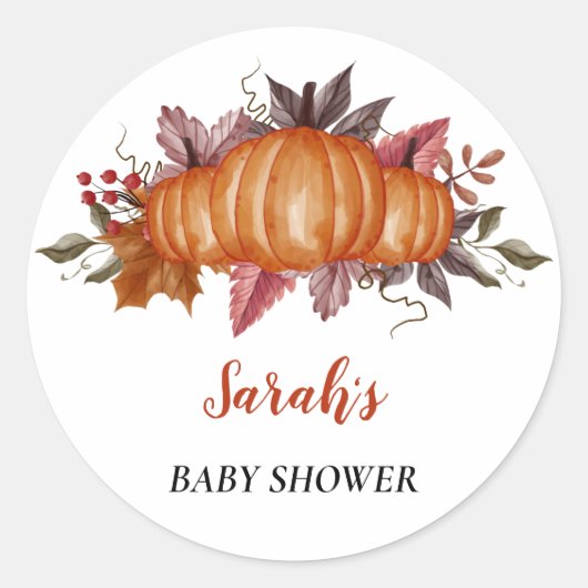 Autumn herfst leaf Pumpkin Baby shower, Aangepaste Ronde Sticker (Voorkant)