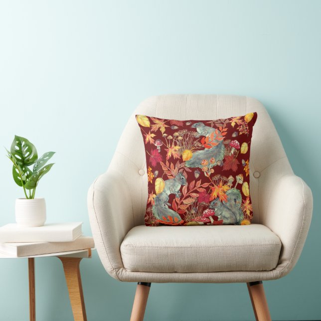 Autumn Herfst Squirrel Leaf Mushroom Acorn Burgund Kussen (Stoel)