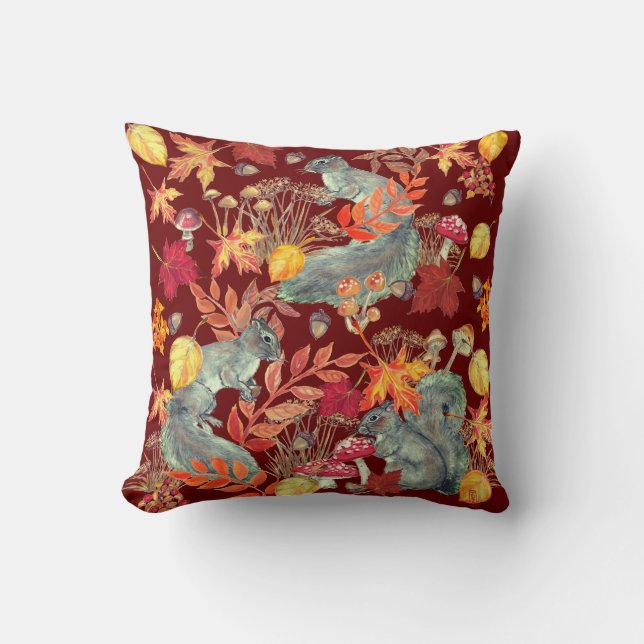 Autumn Herfst Squirrel Leaf Mushroom Acorn Burgund Kussen (Voorkant)