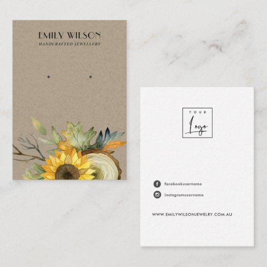 AUTUMN HERFST SUNFLOWER KRAFT STUD EARRING DISPLAY VISITEKAARTJE (Voorkant / Achterkant)