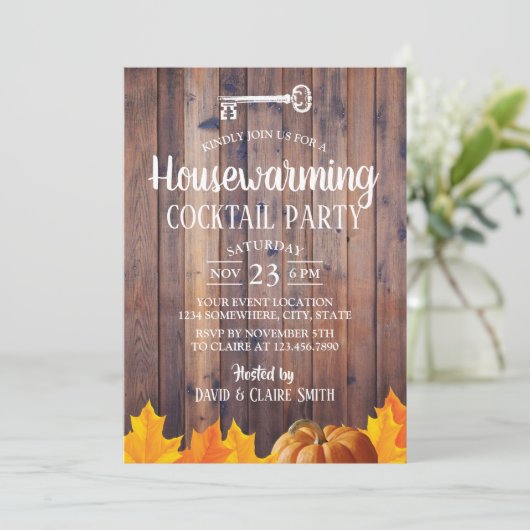 Autumn Housewarming Cocktail Party Elegant Wood Kaart (Staand voorkant)