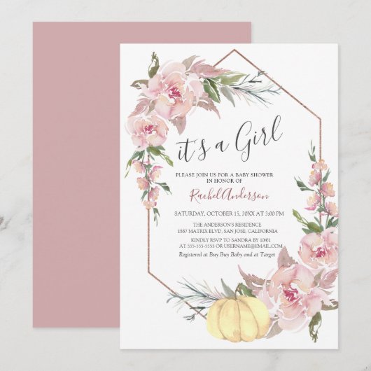 Autumn It's a Girl Pumpkin Baby shower Invitation Kaart (Voorkant / Achterkant)