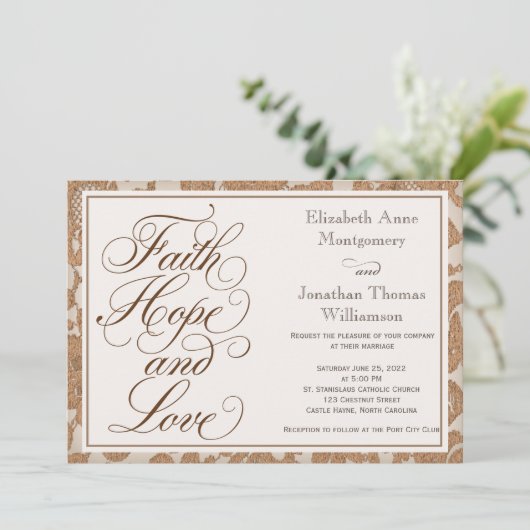 Autumn Lace Script Faith Hope & Love Wedding Kaart (Staand voorkant)
