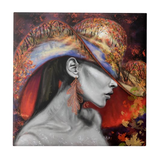 Autumn Lady Ceramic Tile - Kunst schilderen Tegeltje (Voorkant)