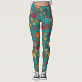 Autumn Leaf Foliage Blauwgroen Leggings (Voorkant)
