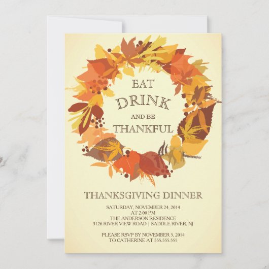 Autumn Leaf Wreath Thanksgiving Dinner Invitation Kaart (Voorkant)