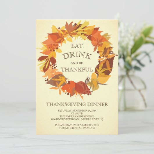Autumn Leaf Wreath Thanksgiving Dinner Invitation Kaart (Staand voorkant)