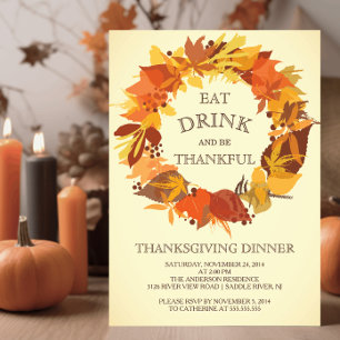 Autumn Leaf Wreath Thanksgiving Dinner Invitation Kaart
