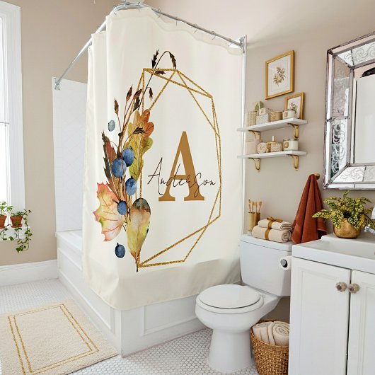 Autumn leaves and gold frame personalized  douchegordijn