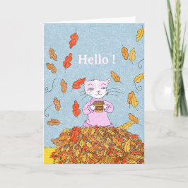 Autumn Leaves and Graceful Cat Blank Greeting Card Kaart