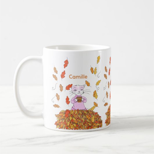 Autumn Leaves and Graceful Cat Personalized Mug Koffiemok (Links)