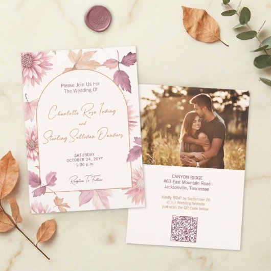 Autumn Leaves Blush Terracotta Photo Wedding Kaart